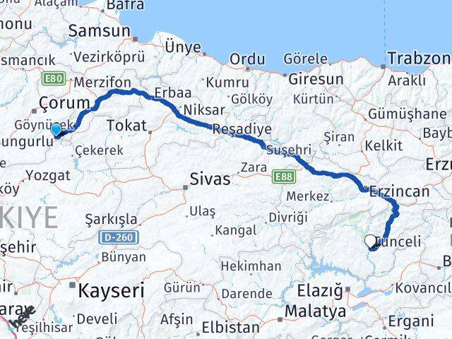 Çorum Ortaköy Tunceli Arası Kaç Km - Yol Haritası
