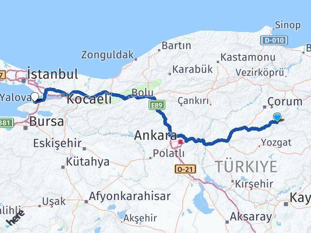 Çorum Ortaköy Yalova Arası Kaç Km - Yol Haritası