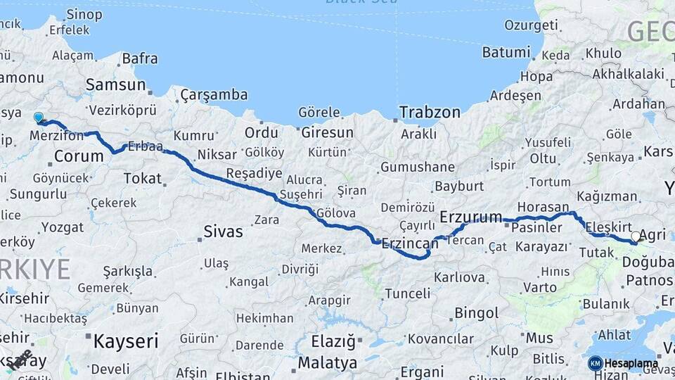 Çorum Osmancık Ağrı Arası Kaç Km - Yol Haritası