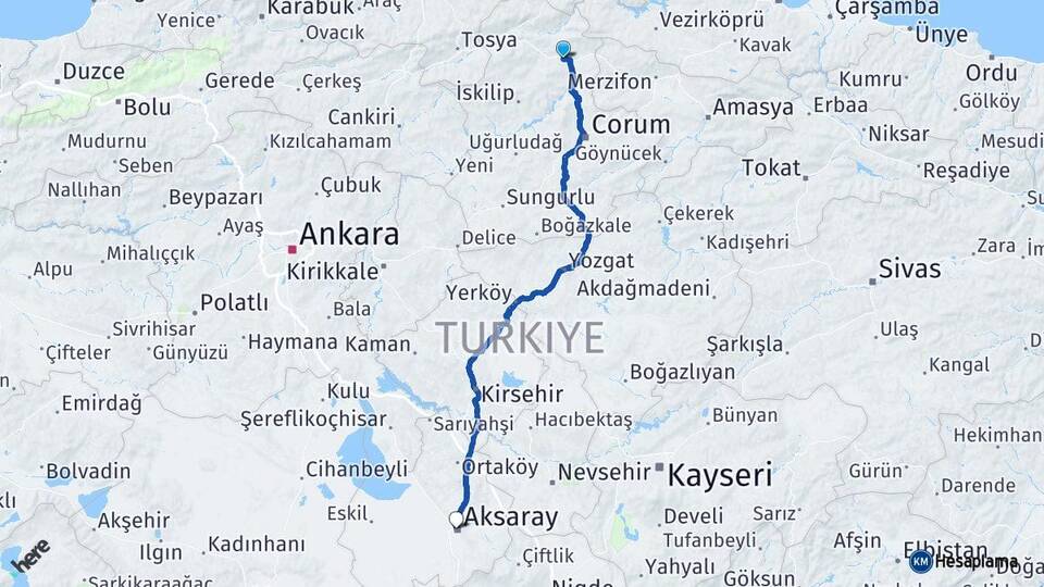 Çorum Osmancık Aksaray Arası Kaç Km - Yol Haritası