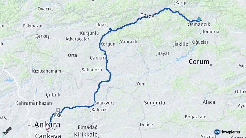 Çorum Osmancık Ankara Arası Kaç Km - Yol Haritası