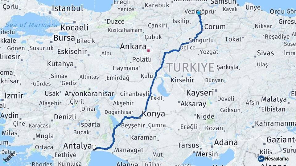 Çorum Osmancık Antalya Arası Kaç Km - Yol Haritası