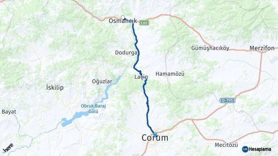 Çorum Osmancık Arası Kaç Km - Yol Haritası
