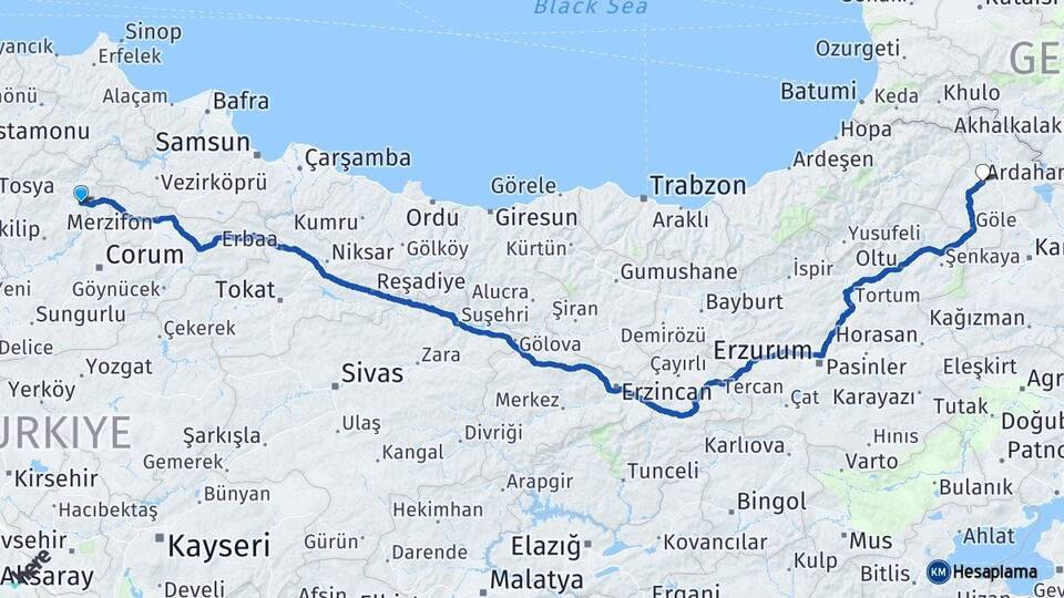 Çorum Osmancık Ardahan Arası Kaç Km - Yol Haritası