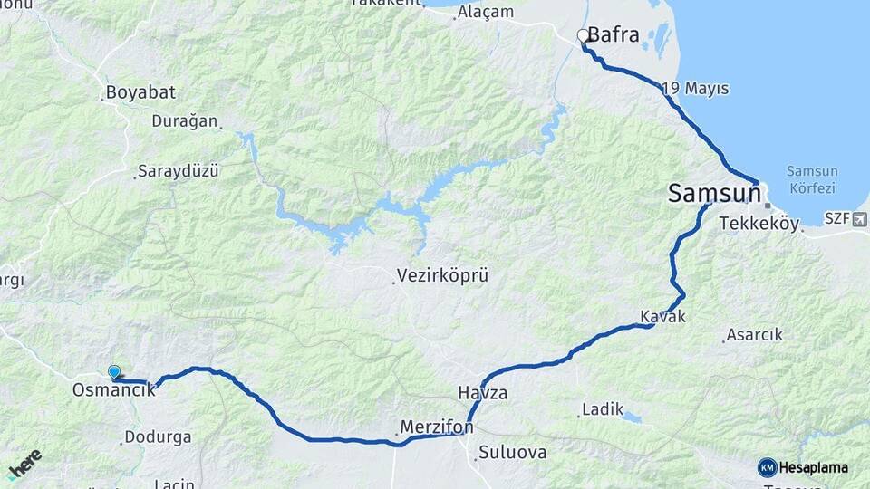 Çorum Osmancık Bafra Samsun Arası Kaç Km - Yol Haritası