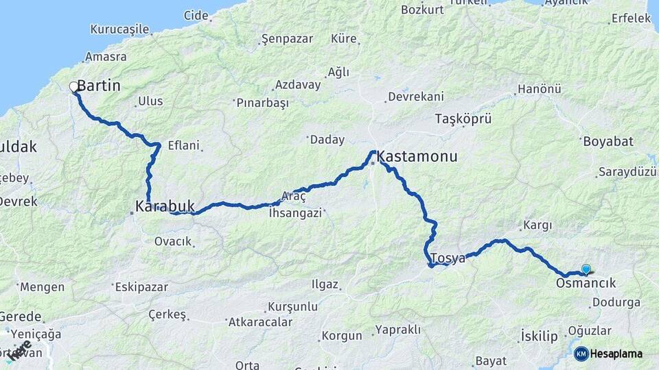 Çorum Osmancık Bartın Arası Kaç Km - Yol Haritası