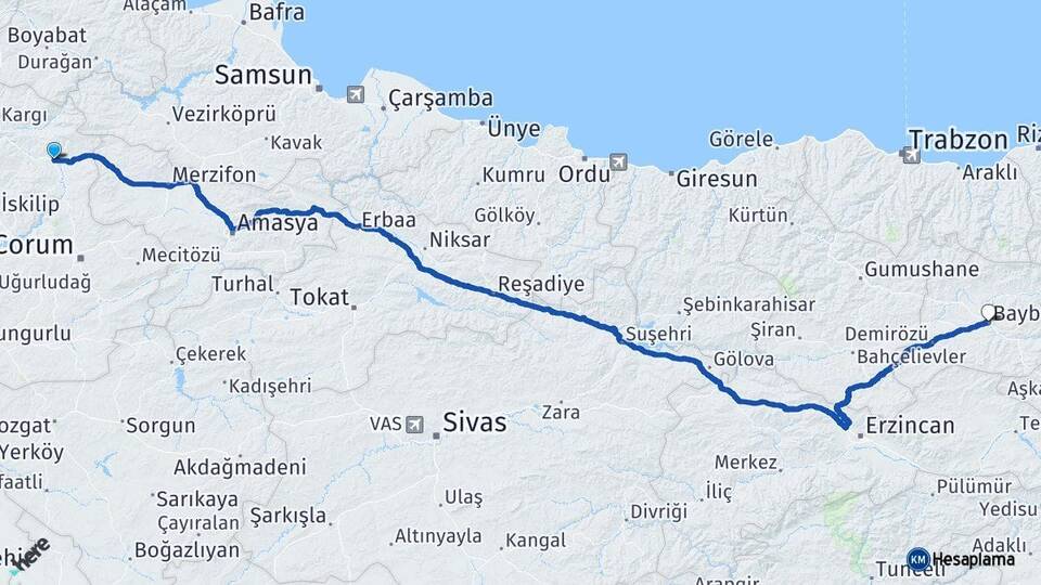 Çorum Osmancık Bayburt Arası Kaç Km - Yol Haritası