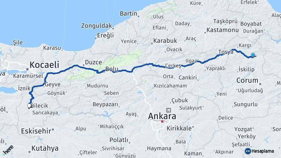 Çorum Osmancık Bilecik Arası Kaç Km - Yol Haritası