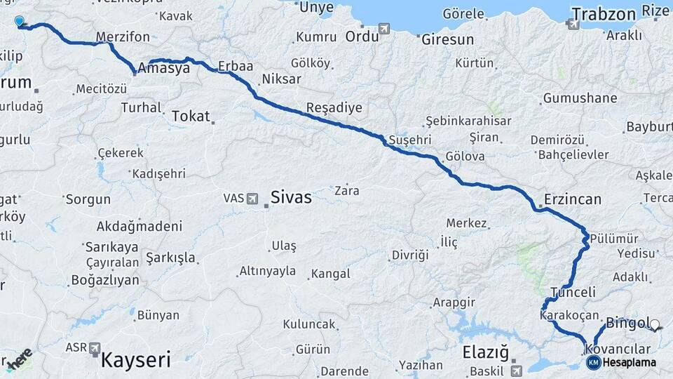 Çorum Osmancık Bingöl Arası Kaç Km - Yol Haritası