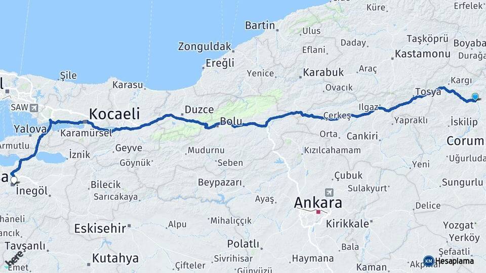 Çorum Osmancık Bursa Arası Kaç Km - Yol Haritası