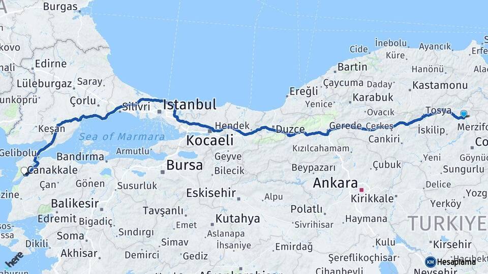 Çorum Osmancık Çanakkale Arası Kaç Km - Yol Haritası