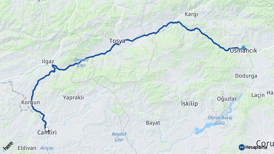 Çorum Osmancık Çankırı Arası Kaç Km - Yol Haritası