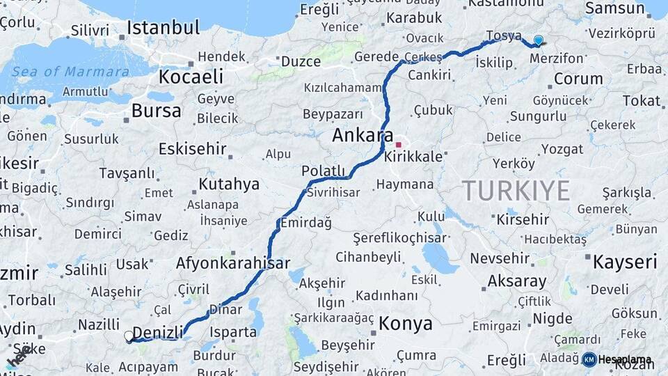 Çorum Osmancık Denizli Arası Kaç Km - Yol Haritası