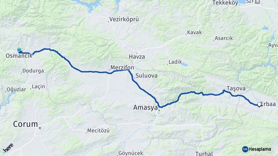 Çorum Osmancık Erbaa Tokat Arası Kaç Km - Yol Haritası