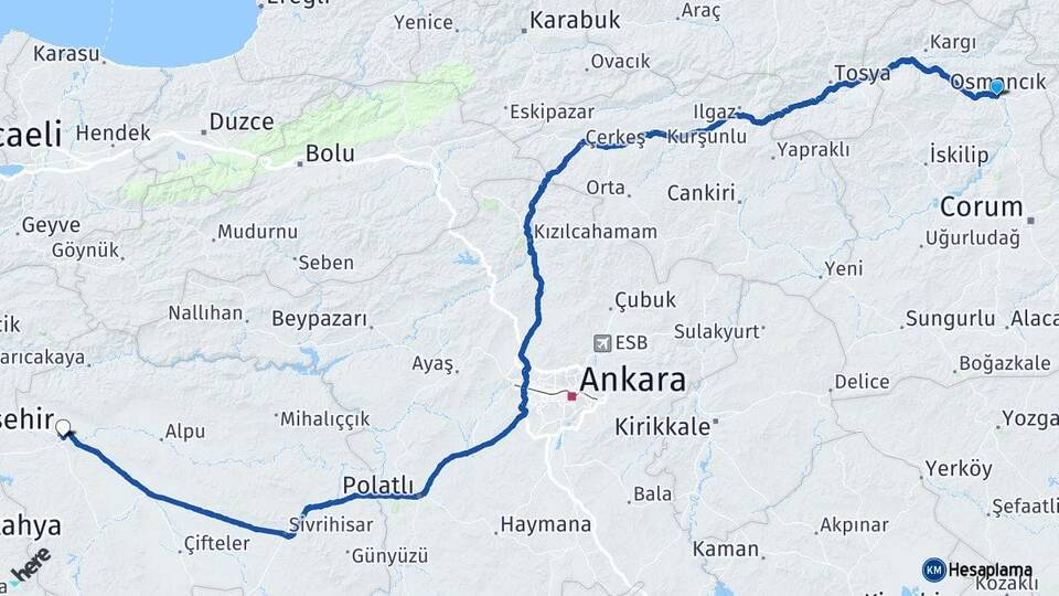 Çorum Osmancık Eskişehir Arası Kaç Km - Yol Haritası