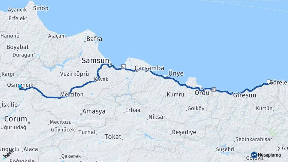 Çorum Osmancık Görele Giresun Arası Kaç Km - Yol Haritası