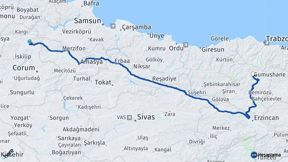 Çorum Osmancık Gümüşhane Arası Kaç Km - Yol Haritası
