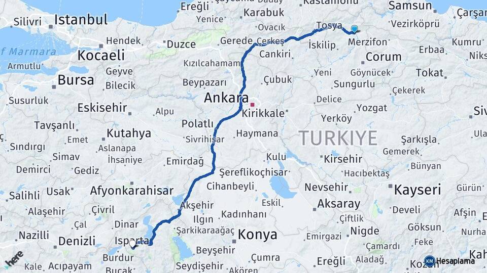 Çorum Osmancık Isparta Arası Kaç Km - Yol Haritası