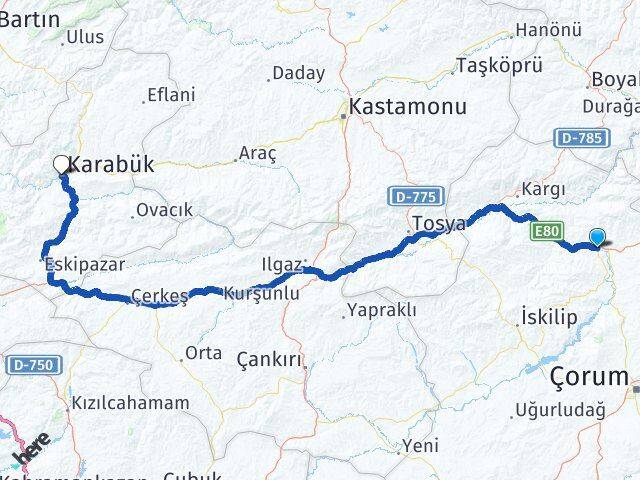 Çorum Osmancık Karabük Arası Kaç Km - Yol Haritası