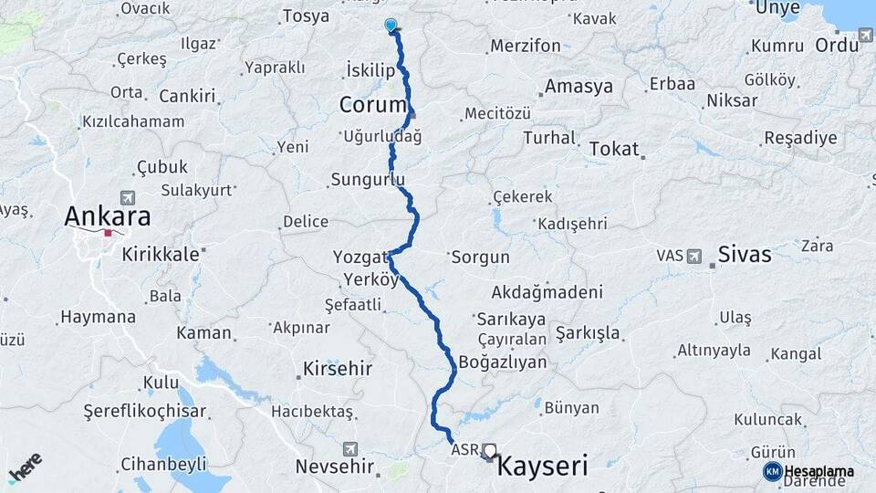 Çorum Osmancık Kayseri Arası Kaç Km - Yol Haritası