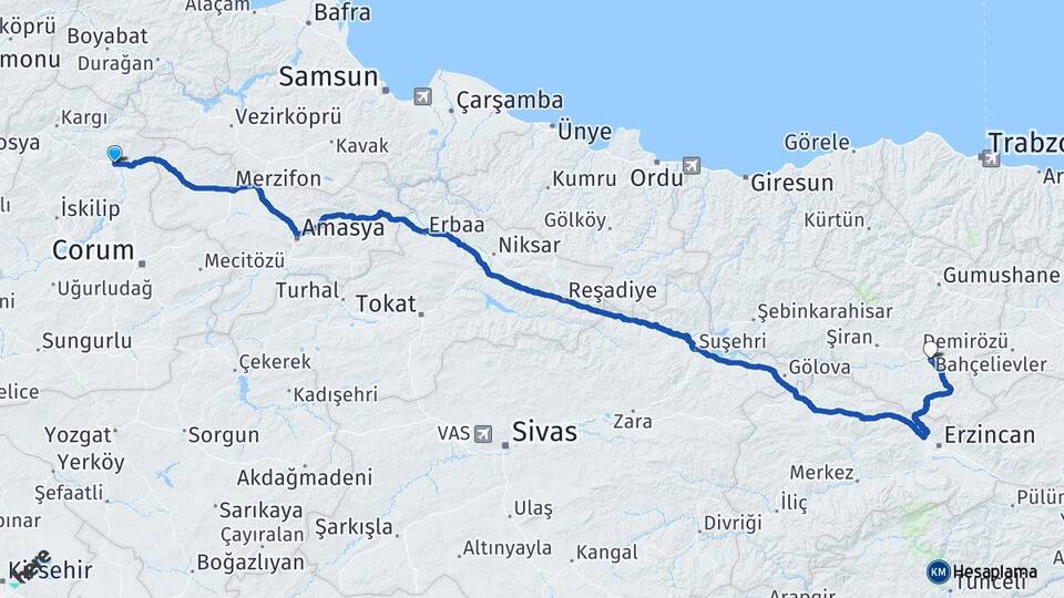 Çorum Osmancık Kelkit Gümüşhane Arası Kaç Km - Yol Haritası