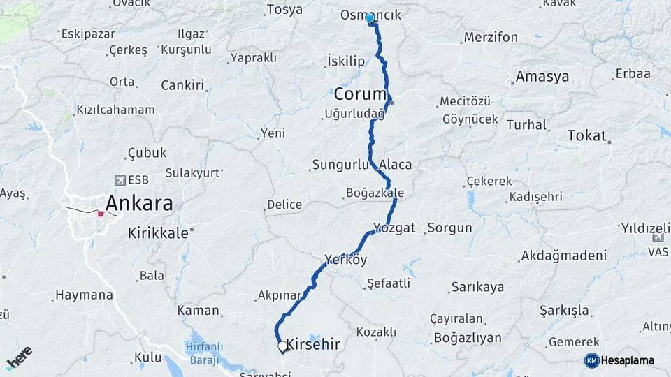 Çorum Osmancık Kırşehir Arası Kaç Km - Yol Haritası