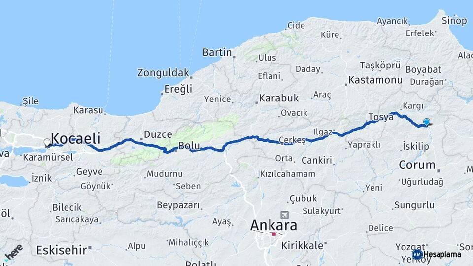 Çorum Osmancık Kocaeli Arası Kaç Km - Yol Haritası