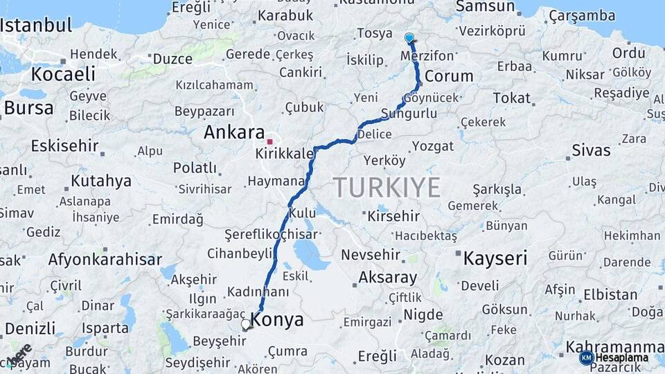 Çorum Osmancık Konya Arası Kaç Km - Yol Haritası