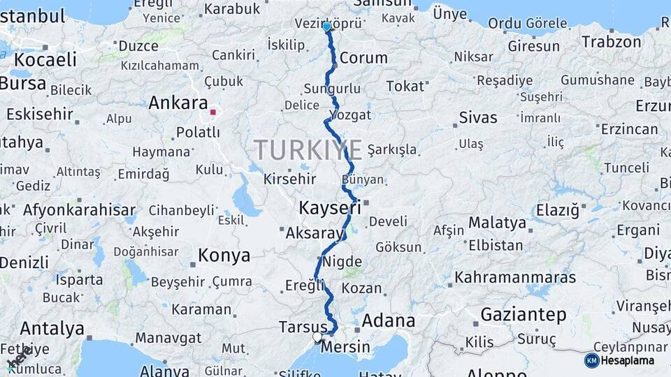 Çorum Osmancık Mersin Arası Kaç Km - Yol Haritası