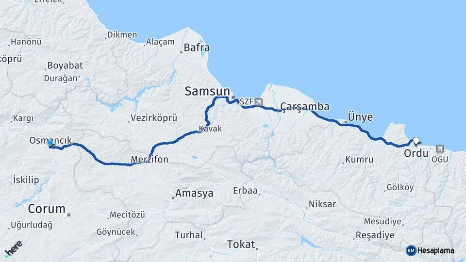Çorum Osmancık Ordu Arası Kaç Km - Yol Haritası