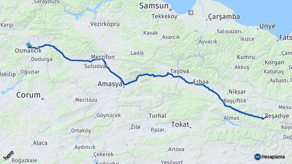 Çorum Osmancık Reşadiye Tokat Arası Kaç Km - Yol Haritası