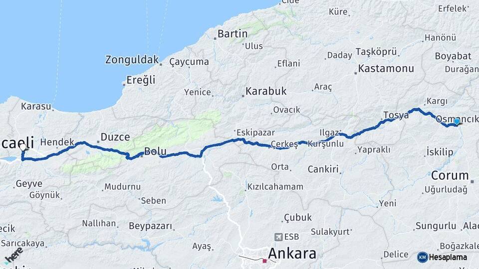 Çorum Osmancık Sakarya Arası Kaç Km - Yol Haritası