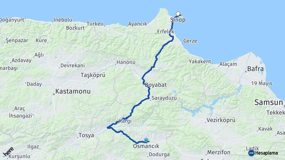 Çorum Osmancık Sinop Arası Kaç Km - Yol Haritası