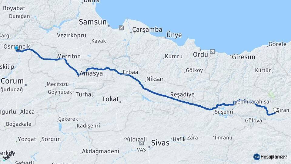 Çorum Osmancık Şiran Gümüşhane Arası Kaç Km - Yol Haritası
