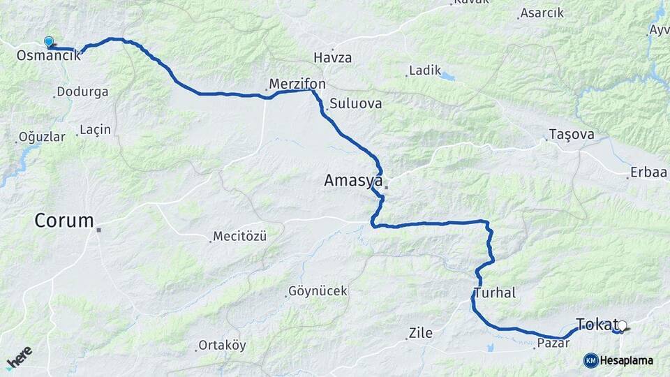 Çorum Osmancık Tokat Arası Kaç Km - Yol Haritası