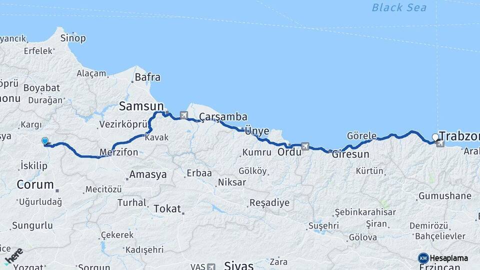 Çorum Osmancık Trabzon Arası Kaç Km - Yol Haritası
