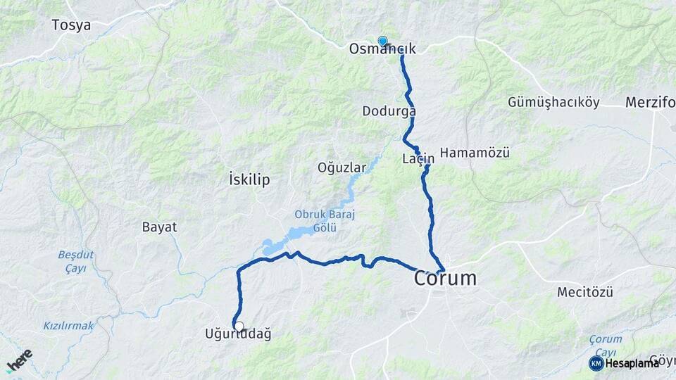 Çorum Osmancık Uğurludağ Arası Kaç Km - Yol Haritası