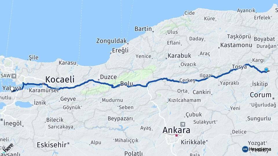 Çorum Osmancık Yalova Arası Kaç Km - Yol Haritası