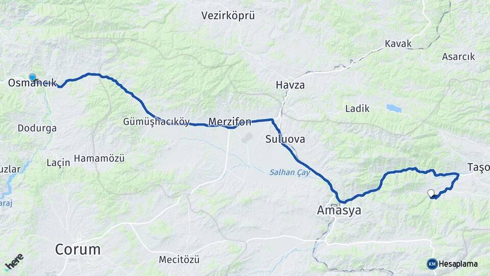 Çorum Osmancık Yaylasaray Taşova Amasya Arası Kaç Km - Yol Haritası