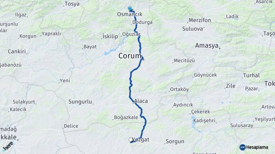Çorum Osmancık Yozgat Arası Kaç Km - Yol Haritası