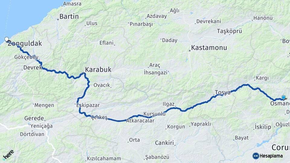 Çorum Osmancık Zonguldak Arası Kaç Km - Yol Haritası