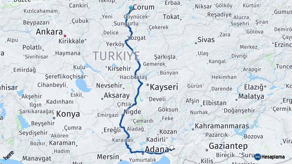 Çorum Osmaniye Arası Kaç Km - Yol Haritası