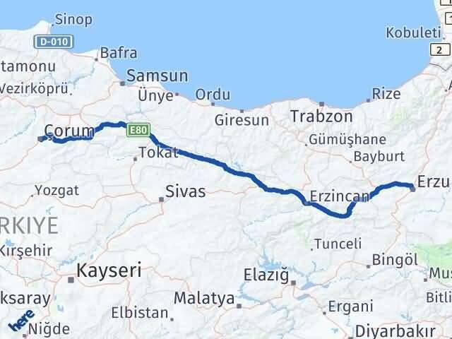 Çorum Palandöken Erzurum Arası Kaç Km - Yol Haritası