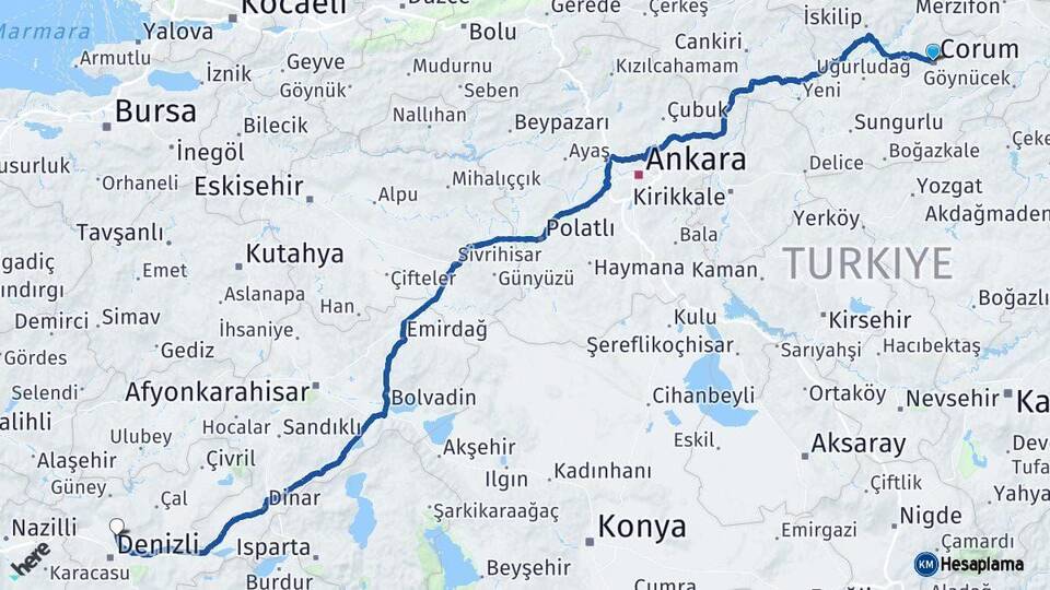 Çorum Pamukkale Denizli Arası Kaç Km - Yol Haritası