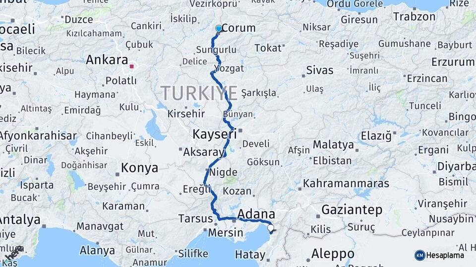 Çorum Payas Hatay Arası Kaç Km - Yol Haritası