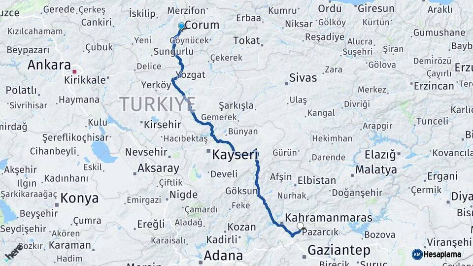 Çorum Pazarcık Kahramanmaraş Arası Kaç Km - Yol Haritası