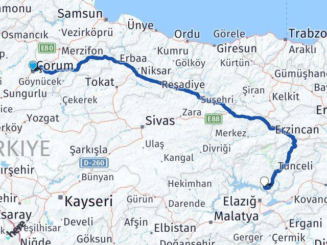 Çorum Pertek Tunceli Arası Kaç Km - Yol Haritası