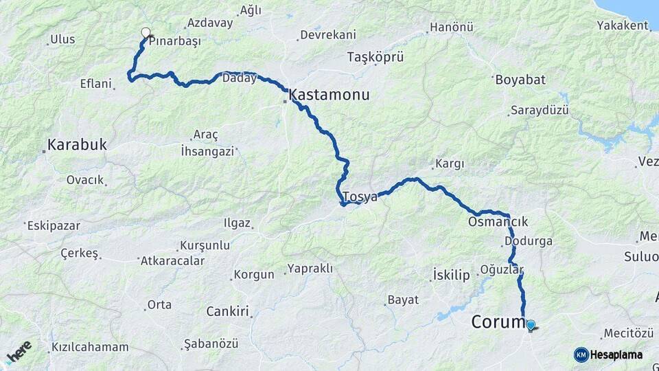 Çorum Pınarbaşı Kastamonu Arası Kaç Km - Yol Haritası