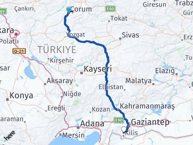 Çorum Polateli Kilis Arası Kaç Km - Yol Haritası