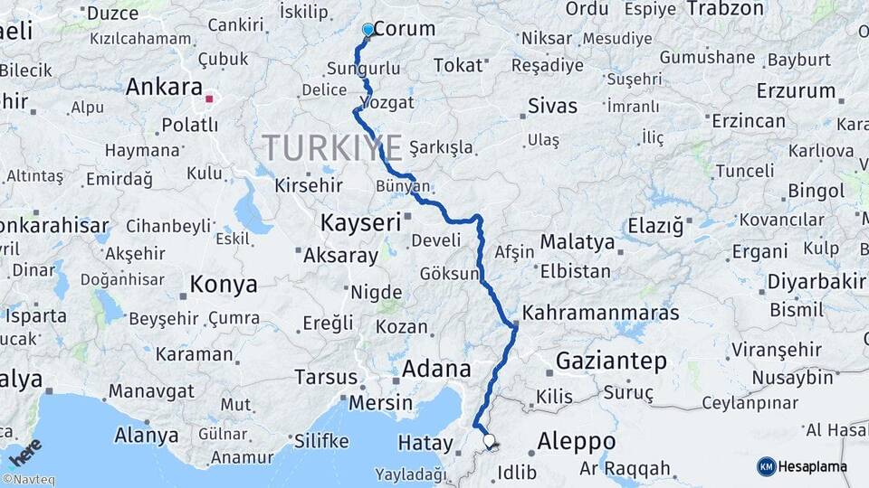 Çorum Reyhanlı Hatay Arası Kaç Km - Yol Haritası